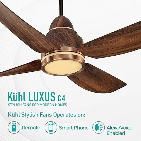 KUHL Stylish Fan Luxus C4 Teakwood| 5 Star Rated| BLDC Technology| Low Power 38W| High Air Flow|Low Noise| 4 Aerodynamic ABS Blades| Night & Down Light|Operate on Remote - Mobile - Alexa|Reverse Mode