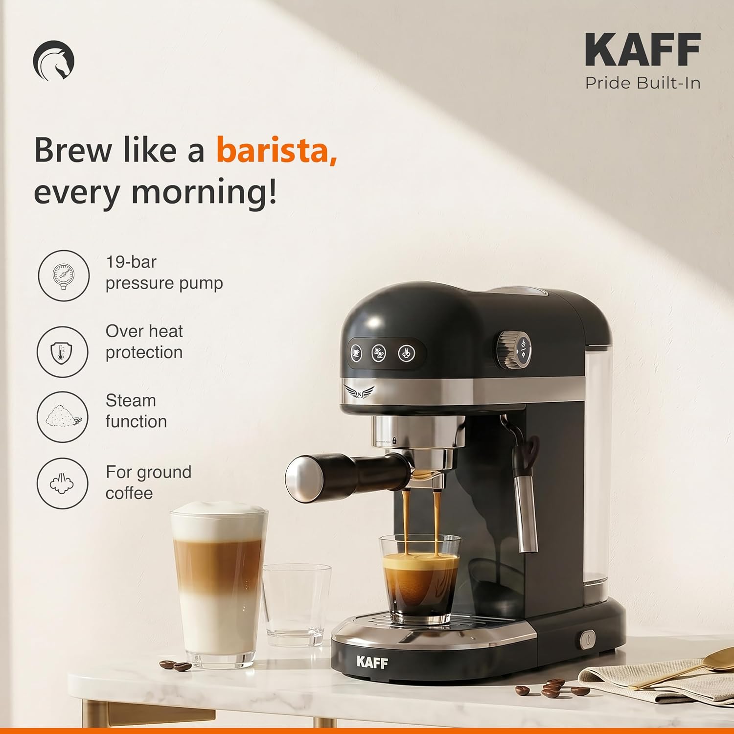 KAFF Fontana 1350 Watts Espresso Coffee Maker, 19 Bar High Pressure Pump, Steam Espresso Coffee, Detachable Frothing Nozzle Coffee Machine For Home Black