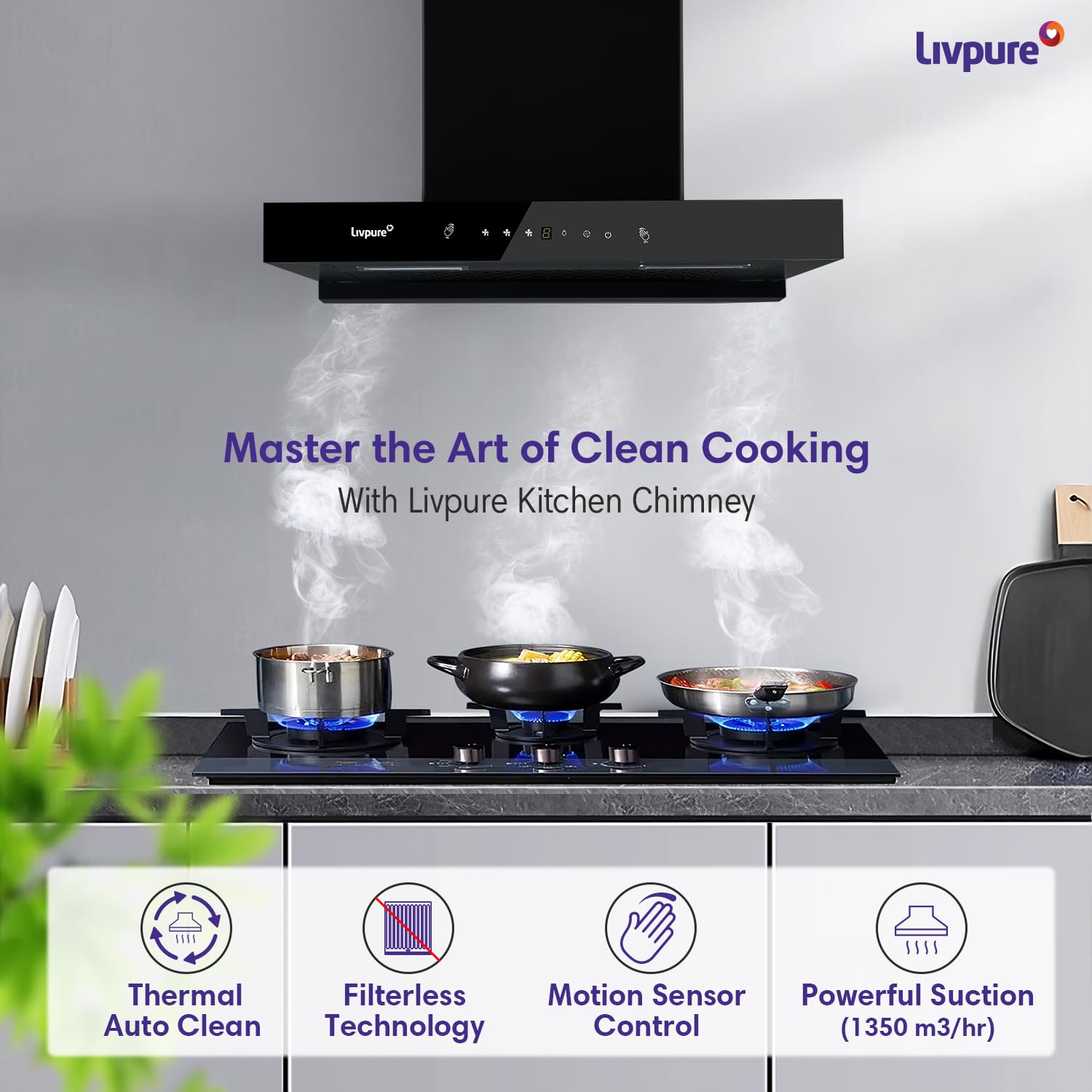 Livpure Ether 75 1350 m3/hr T Shape | Filterless Autoclean Kitchen Chimney |10 Yr Warranty On Motor, 2 Yr Comprehensive |Touch & Gesture Control, Black