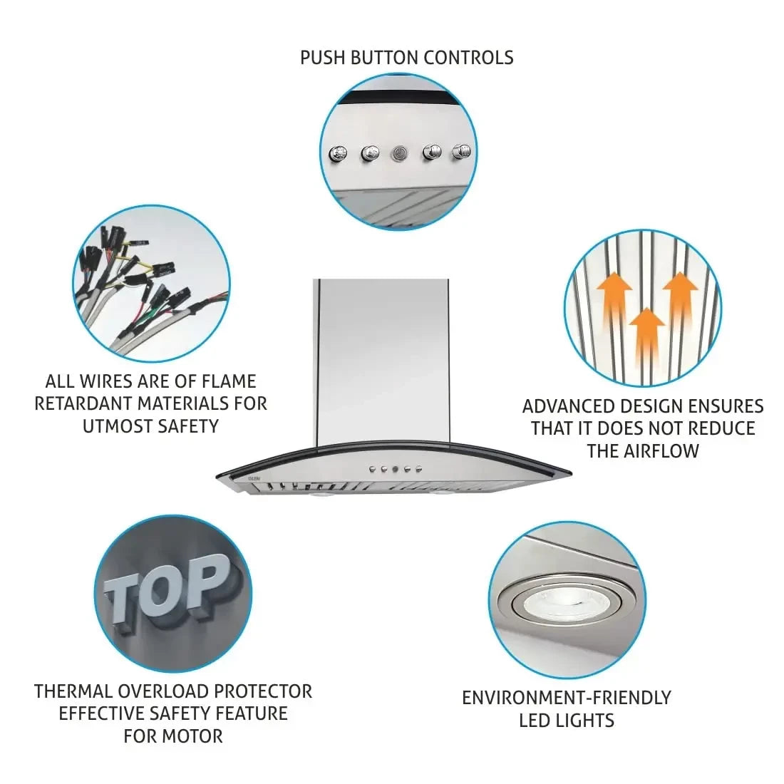 Glen Kitchen Chimney 6071 60 cm Stainless Steel, Baffle Filter, Airflow, 1250 m3/h