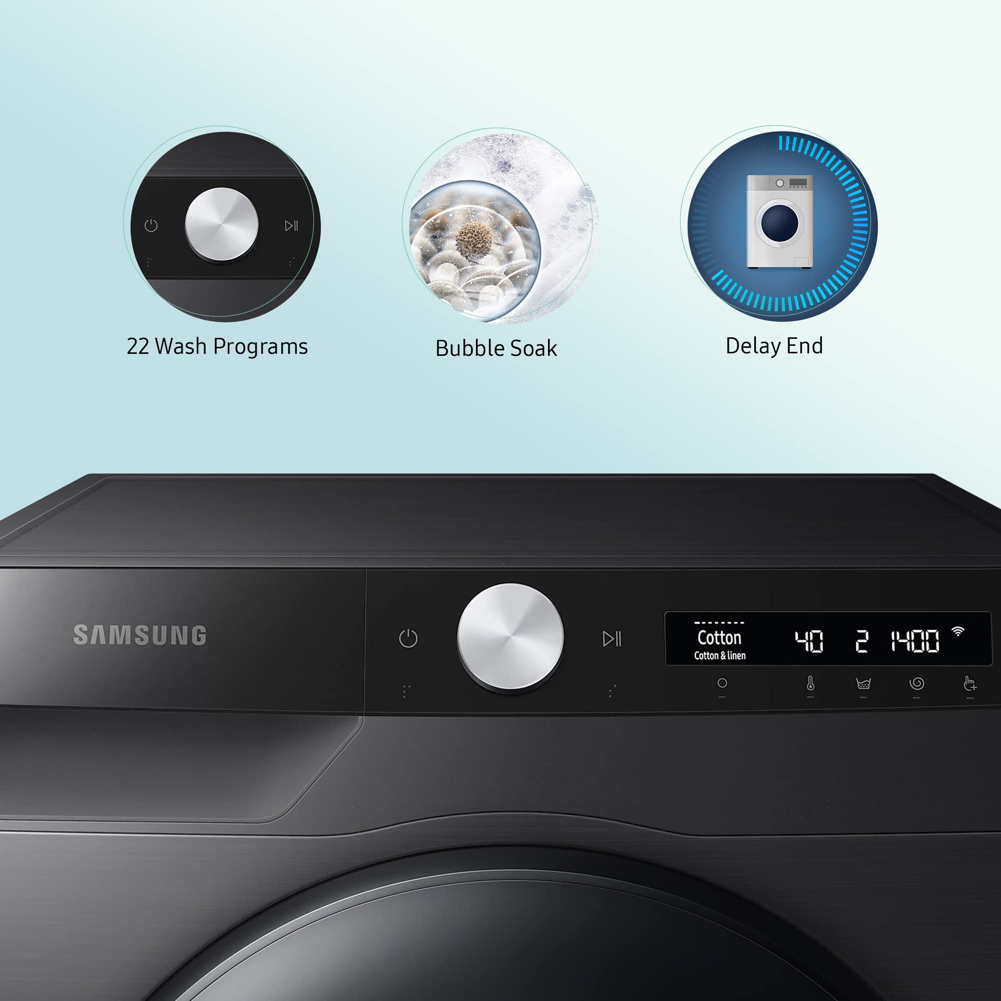 Samsung 9 Kg 5 Star Wi-Fi Inverter Fully-Automatic Front Loading Washing Machine Appliance (WW90T504DAB1TL, Black Caviar, In-Built Heater)