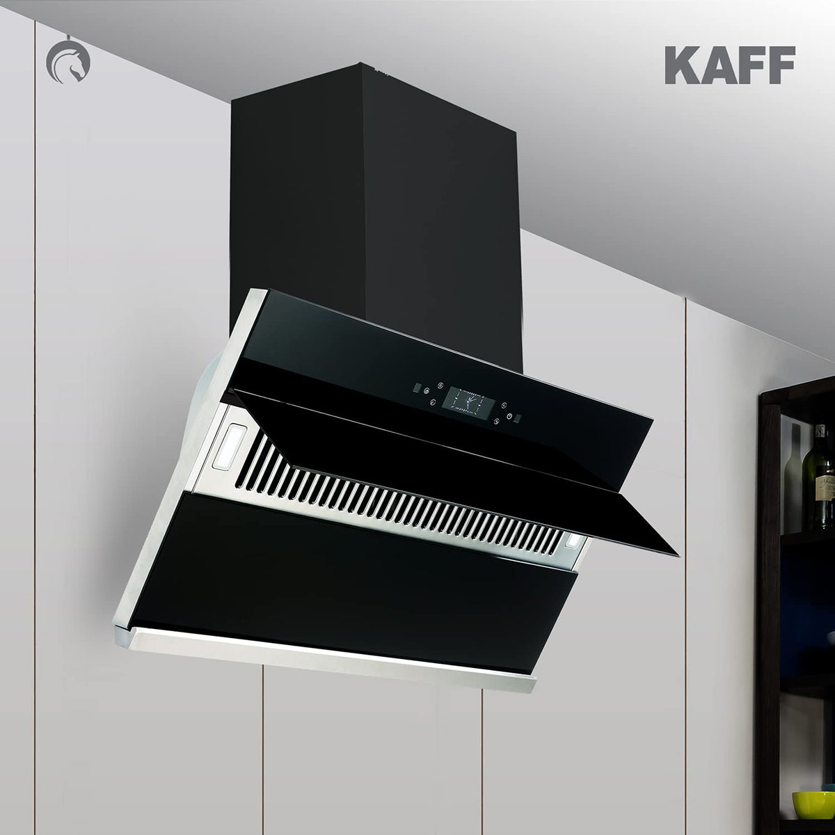 Kaff Albury DHC 90 black chimney mounted on a kitchen wall