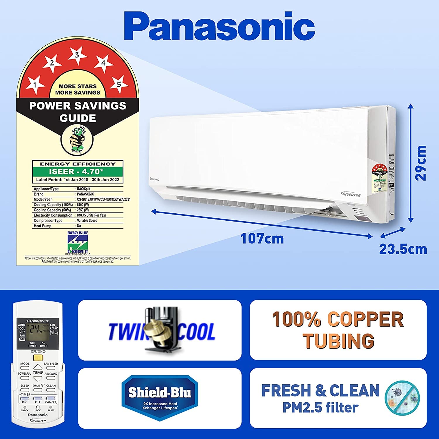 Panasonic 1.5 Ton 5 Star Split Air Conditioner White