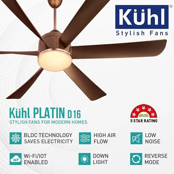 KUHL Platin D16 Stylish BLDC Fan | Low Power 30W | High Air Flow | 6 Aerodynamic ABS Blades | Low Noise | Down Light | 1200 mm sweep | Operate on Remote-Mobile-Alexa | Reverse Mode |5 Star Rated Brown