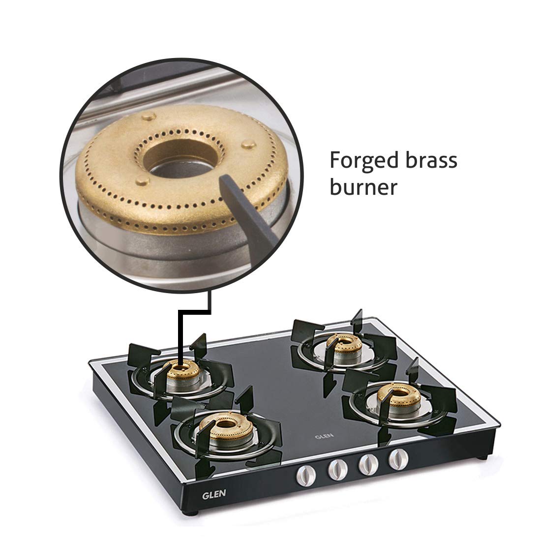 Glen 4 Burner LPG Gas Stove Mirror Finish Glass with High Flame Forged Brass Burners, Black (1042 GT FB MBL)