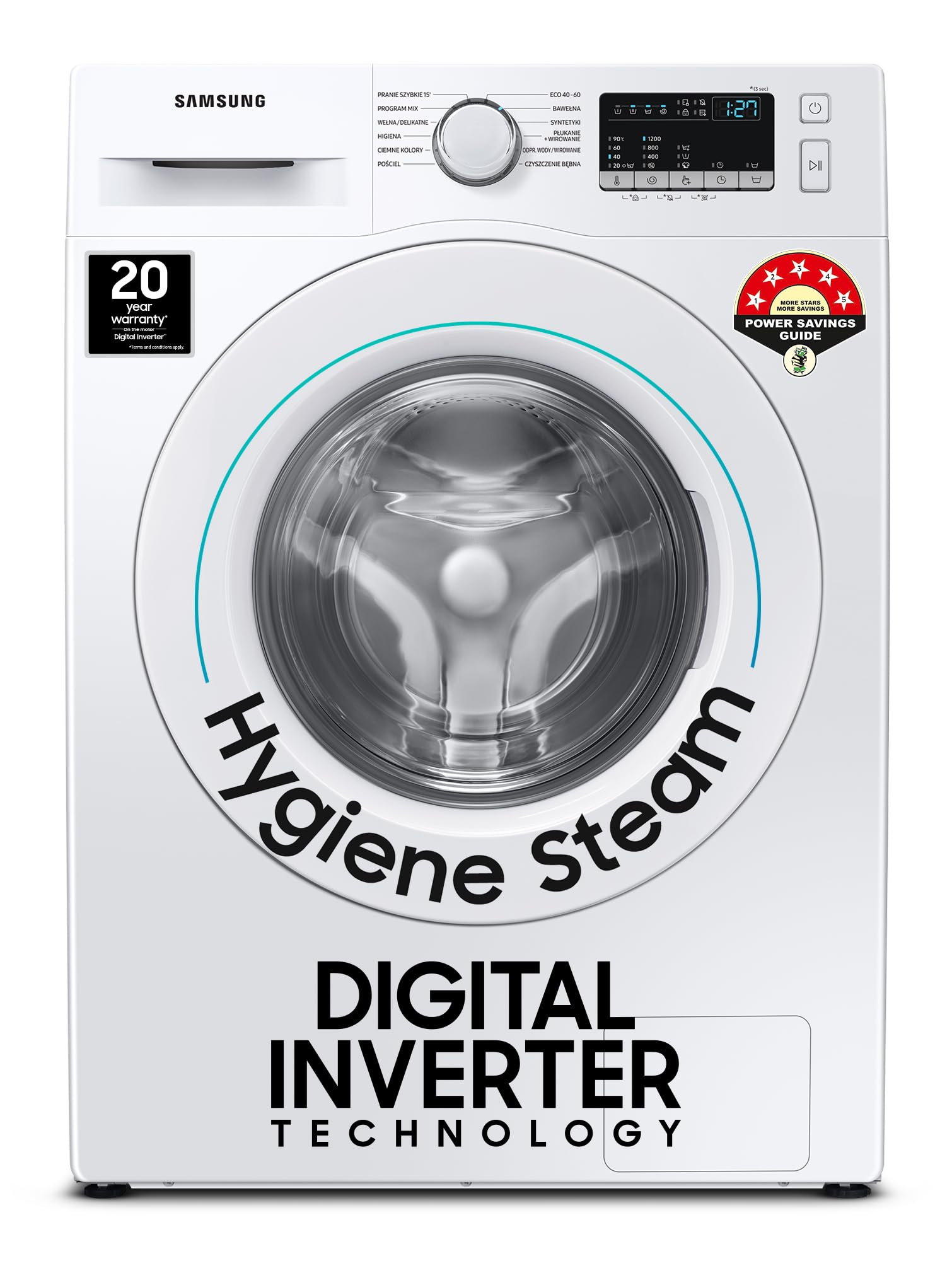 Samsung 7 kg, 5 Star, Digital Inverter Motor, Fully-Automatic Front Load Washing Machine (WW70T4020EE1TL, Hygiene Steam, White, Awarded as Washing Machine Brand of the year)