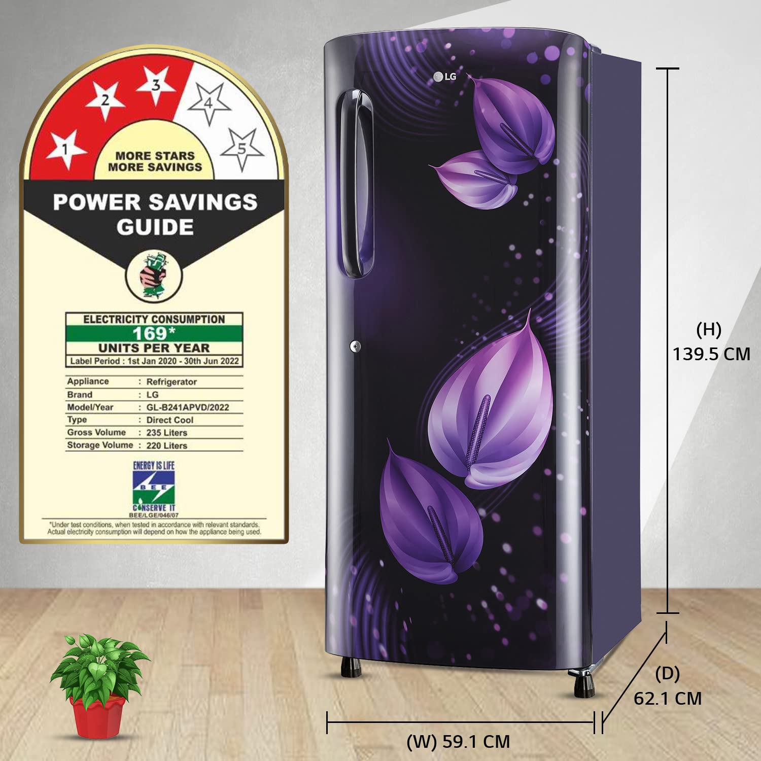 LG 235 L 3 Star Direct-Cool Single Door Refrigerator GL-B241APVD Purple Victoria