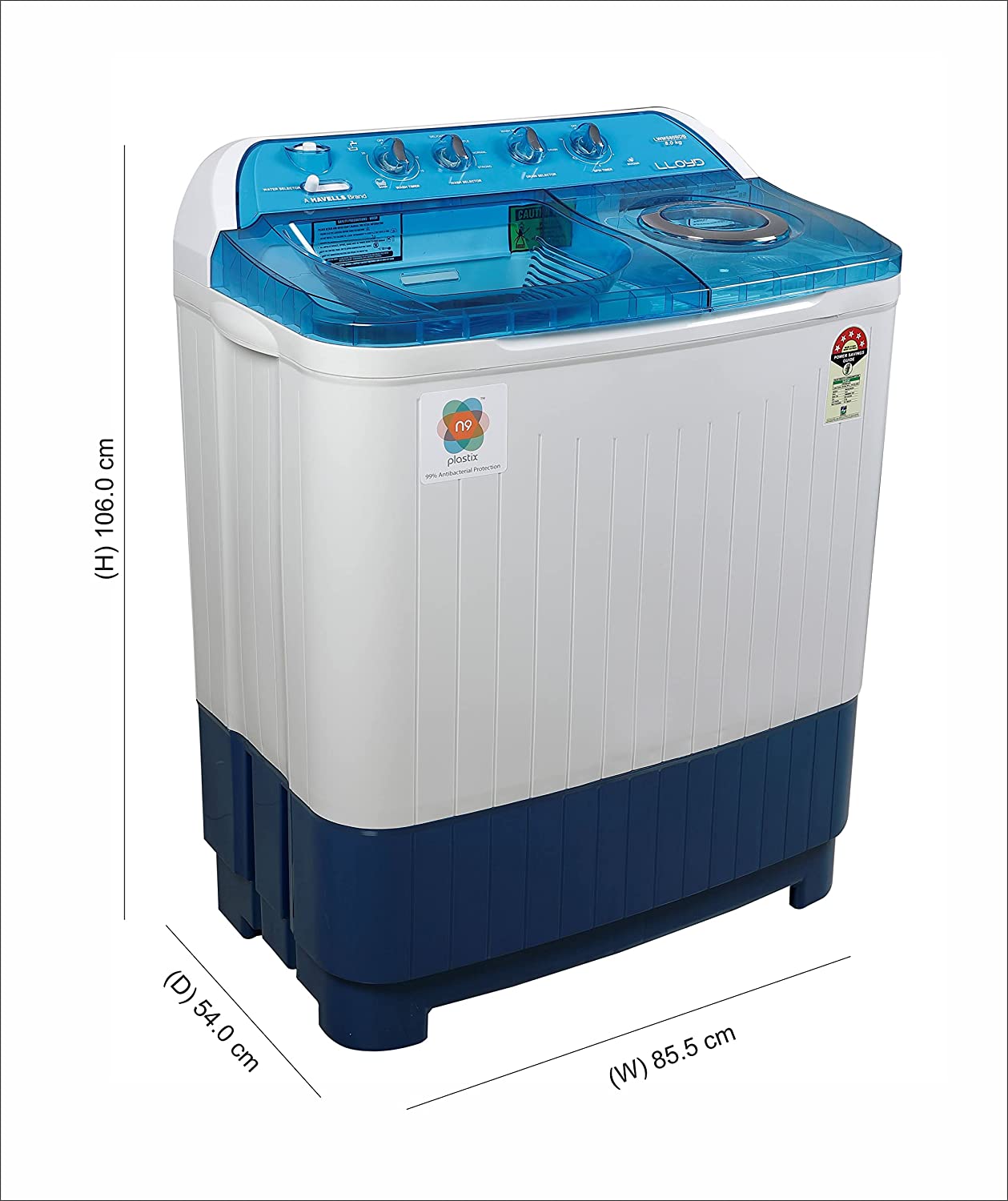 Lloyd Havells-Lloyd 8 Kg 5 Star Semi-Automatic Top Load Washing Machine (LWMS80BDB Blue, Active Soak)