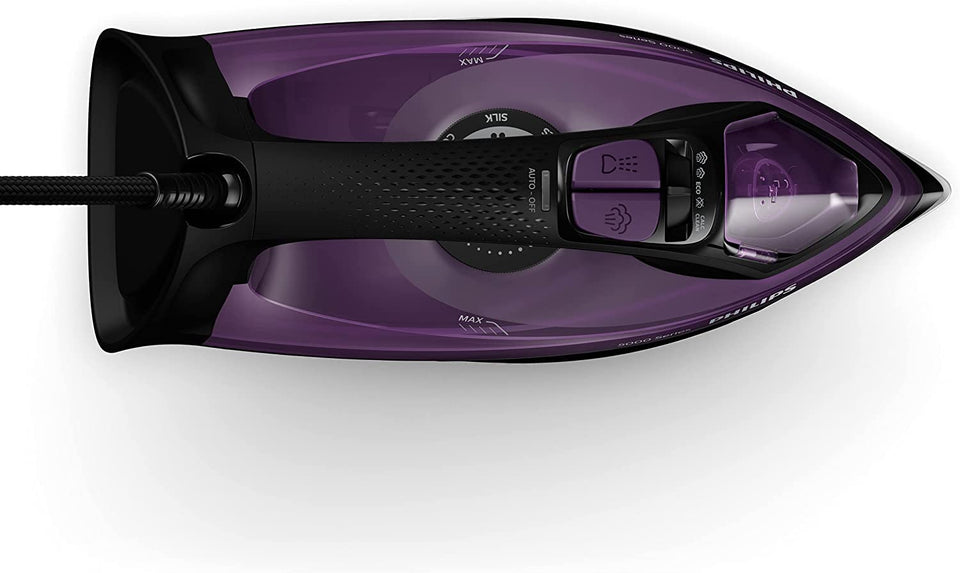 Top view of the Philips DST5030/80 steam iron showing the dial, steam buttons, water tank and Auto-Off indicator