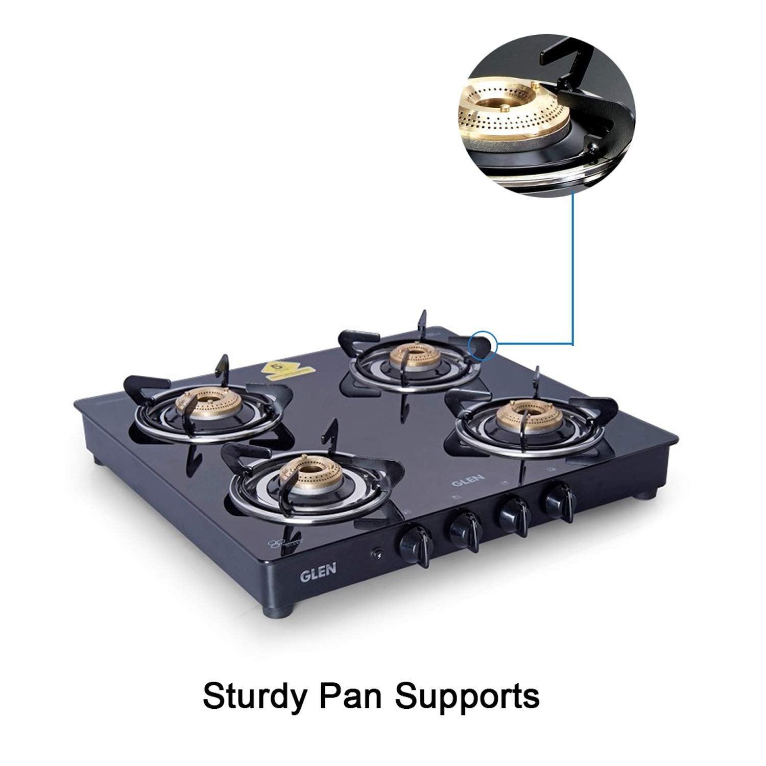 Glen 4 Burner LPG 6mm Thick Toughened Glass Top Gas Stove|Brass Burner|ISI Certified|Auto Ignition|Black|Drip Trays|Revolving Inlet Nozzle|2 Year Warranty On Product|CT4B55BLBBAI