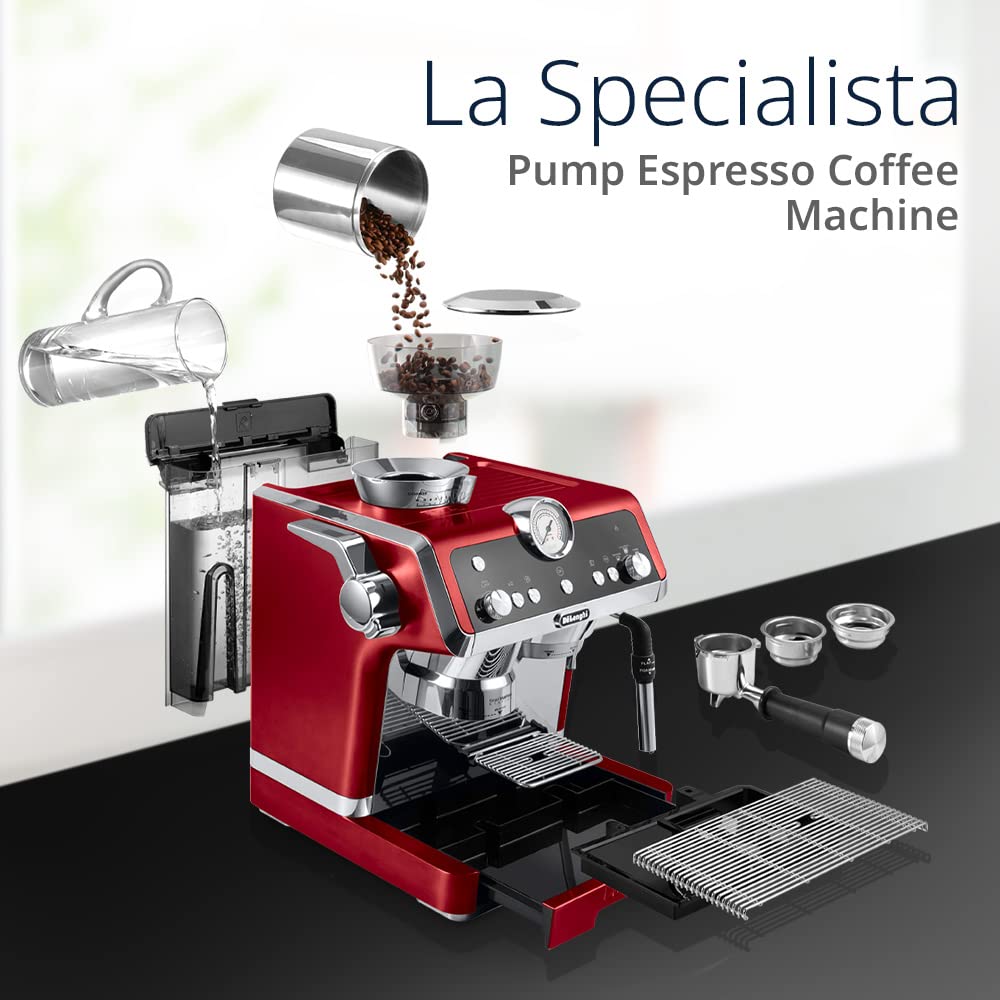 DELONGHI Pump Coffee Machine, 1450W, Integrated Coffee Grinder, EC9335.R(Red)