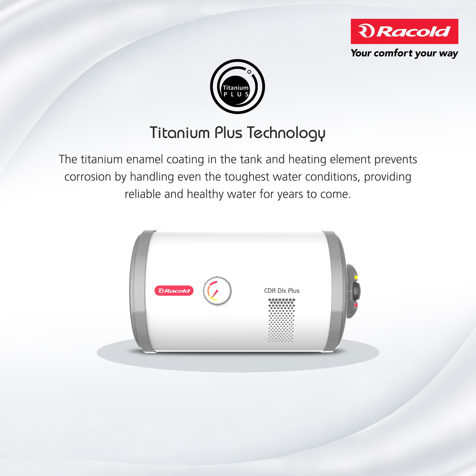 Racold CDR DLX Plus RHS 15L Horizontal Energy Efficient Storage Water Heater(Geyser) with Free Installation & Pipes|Temperature Display & Knob|Fits Under False Ceilings|Titanium Enameled Coat