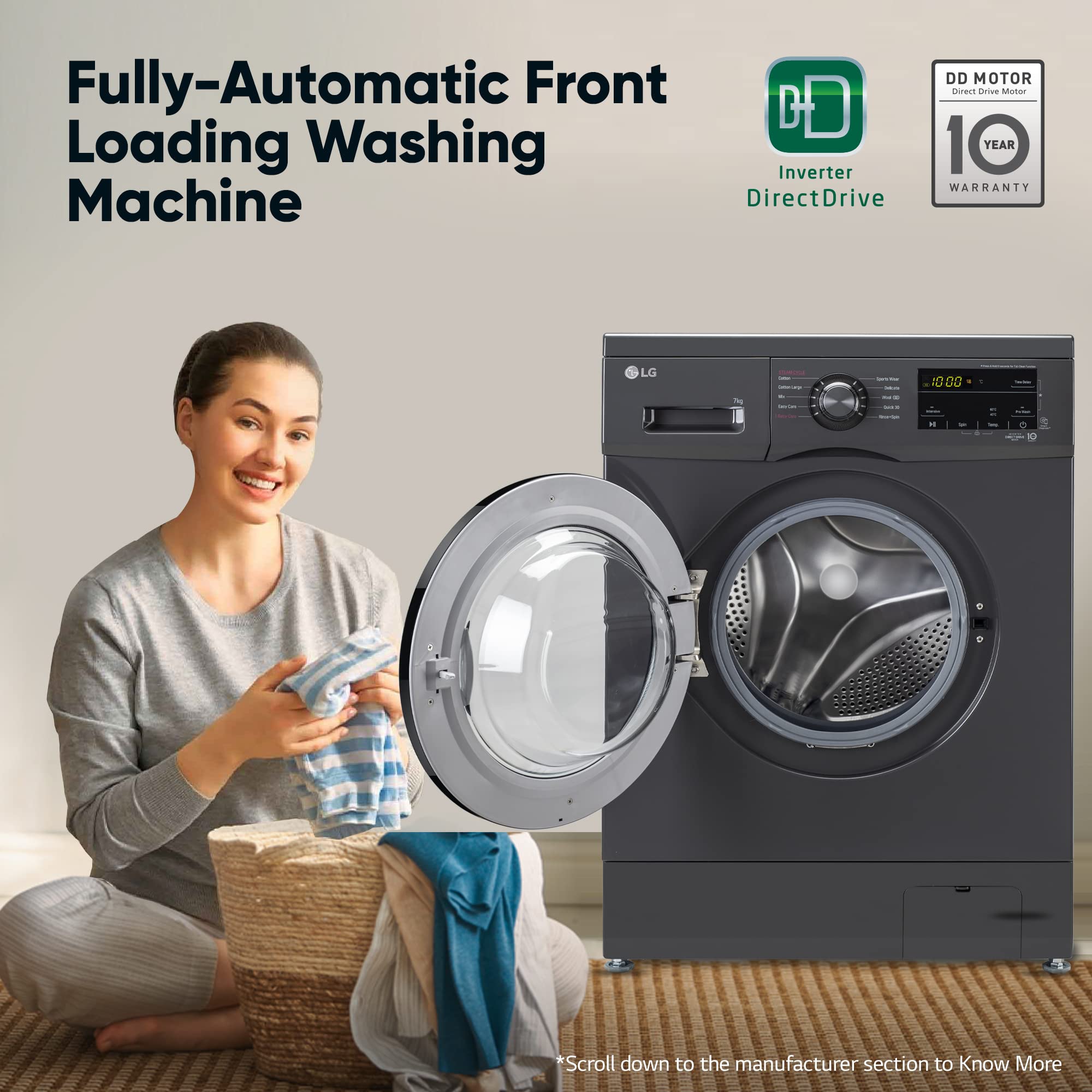 LG 7 Kg, 5 Star, Direct Drive Technology, Steam Wash, 6 Motion DD, Smart Diagnosis, Fully-Automatic Front Load Washing Machine (FHM1207SDM, Allergy Care, In-Built Heater, Touch Panel, Middle