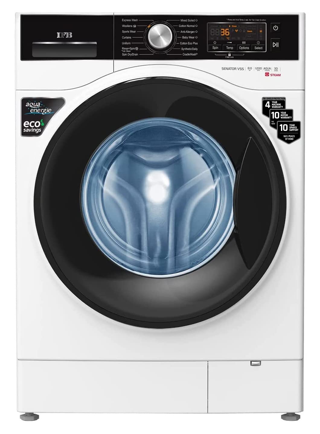 IFB 8 Kg 5 Star Front Load Washing Machine 2X Power Steam (Senator VSS 8012, White & Black, In-built Heater, 4 years Comprehensive Warranty)