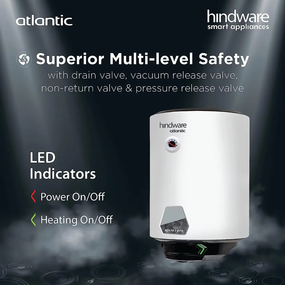 Hindware Atlantic Elicio Ipro 10L Storage Water Heater, Wall Mounting, White