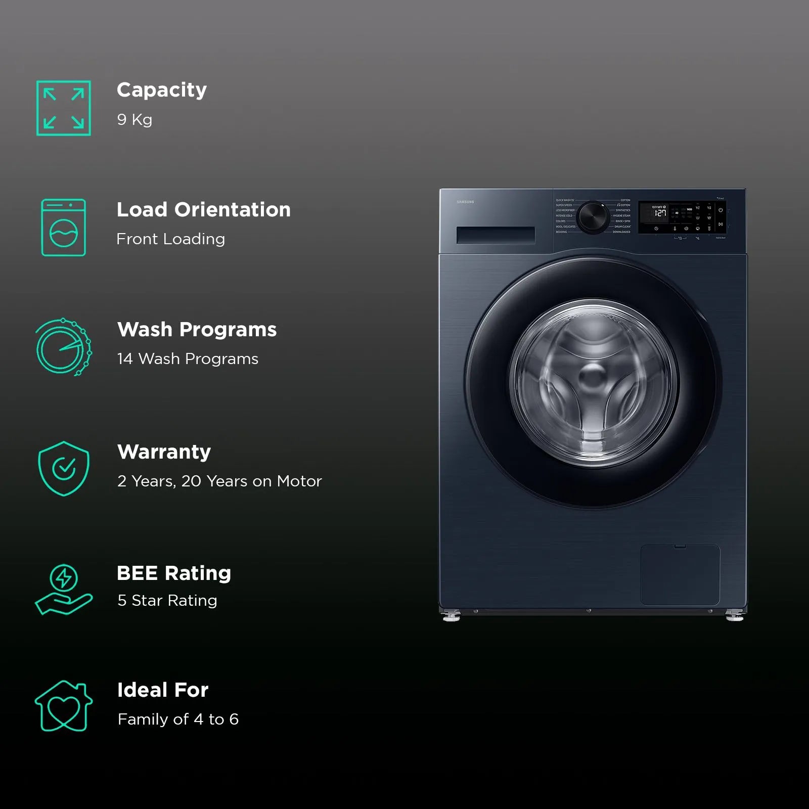 Samsung 9kg Front Load Washer with BeSpoke AI, EcoBubble, Energy-Saving AI Mode, Hygiene Features, WiFi Connectivity, Navy, 5-Star (WW90DG5U24AS)