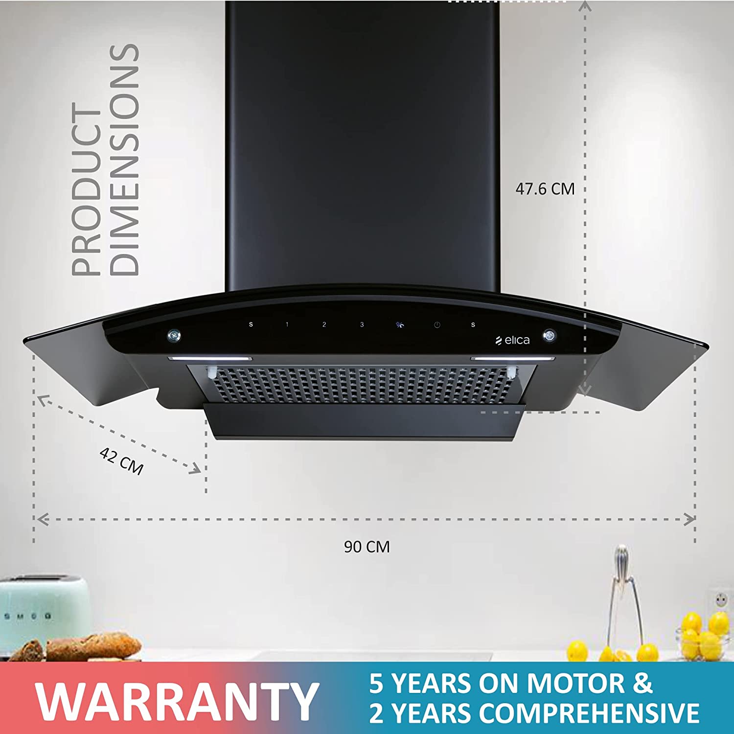 Elica 90 cm 1200 m3/hr Filterless Auto Clean Chimney FL 900 SLIM HAC MS NERO Black