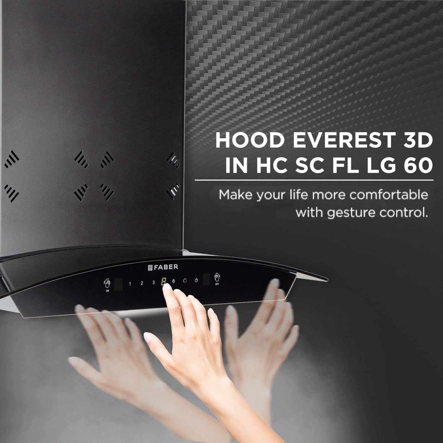 Faber60cm 6 way Silent Suction,1250m3/hr, Autoclean Chimney, 12Yr Warranty on Motor (HOOD EVEREST 3D IN HC SC FL LG 60||Filterless||Touch&Gesture Control||Light Grey)