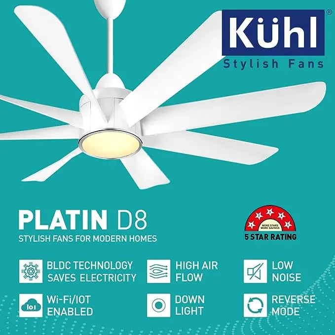 KUHL Platin D8 Stylish BLDC Fan |Low Power 38W|High Air Flow | |Operate Via Remote-Mobile-Alexa | Reverse Mode |5-Star Rated | White