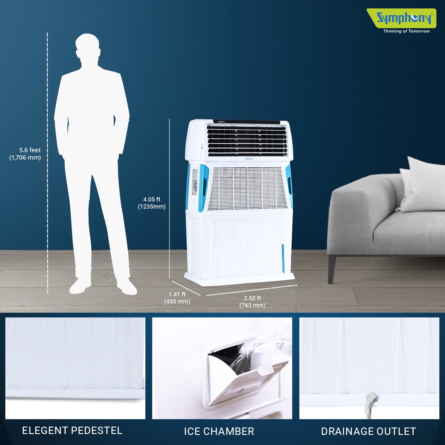 Symphony Touch 110 Personal Air Cooler For Home with 3-Side Cooling Pads, Powerful Blower, i-Pure Technology, Digital Touchscreen and Voice Assistance (110L, White)