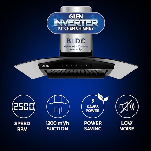 Glen 90cm 1200m³/hr BLDC Filterless Autoclean Chimney|Inverter Technology|Touch & Gesture Control|12 Yrs on Motor, 1 Yrs Comprehensive Warranty by Glen(6071 BLDC BLACK 90cm)
