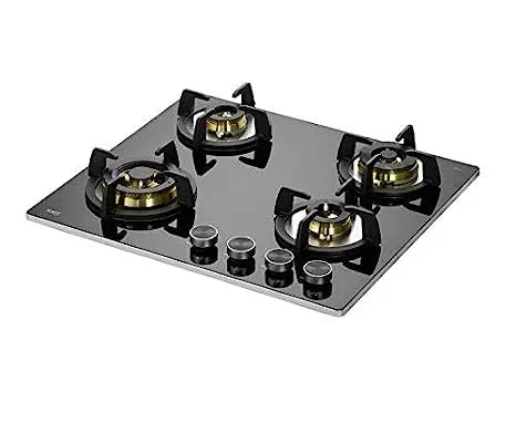 Kaff BLH 604 four burner built-in hob seen from the front at an angle, showing metal knobs and steel edge strip