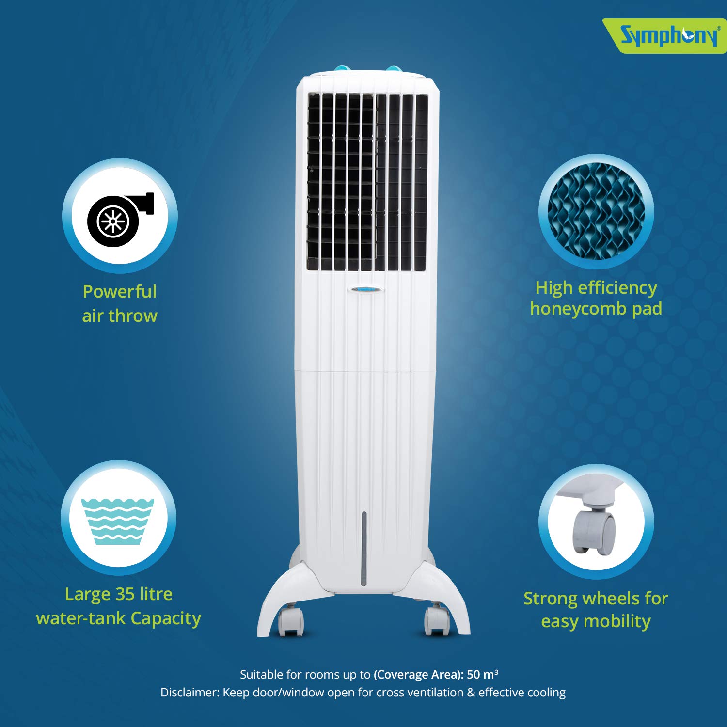 Symphony Diet 35T Tower Air Cooler with Honeycomb Pad, Cool Flow Dispenser - 35L, White