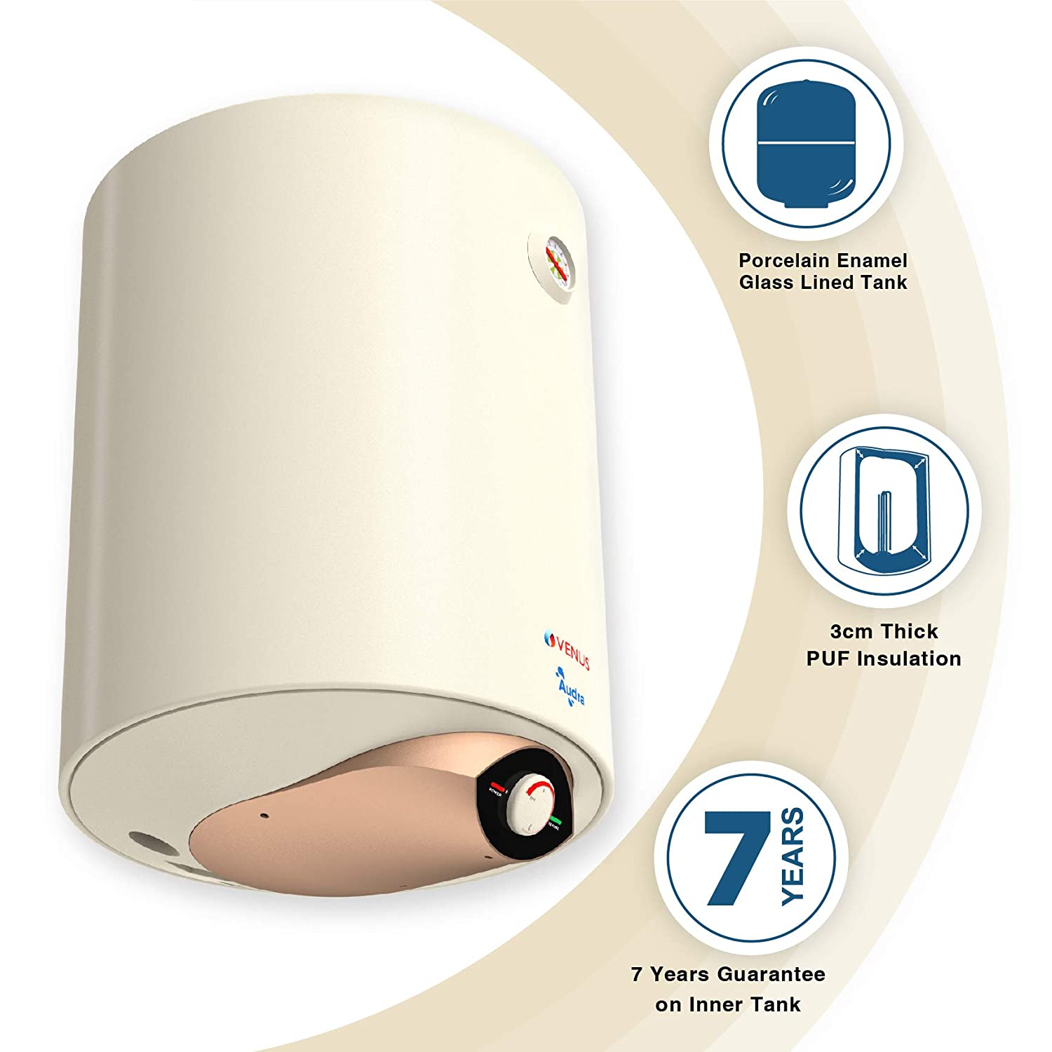 VENUS Audra 10AV 10-Litre (Ivory) Water Heater, Porcelain Enamelled Glass Lined Tank, BEE Star Rating - 5 Stars:ISI ;Free Flexible Hose
