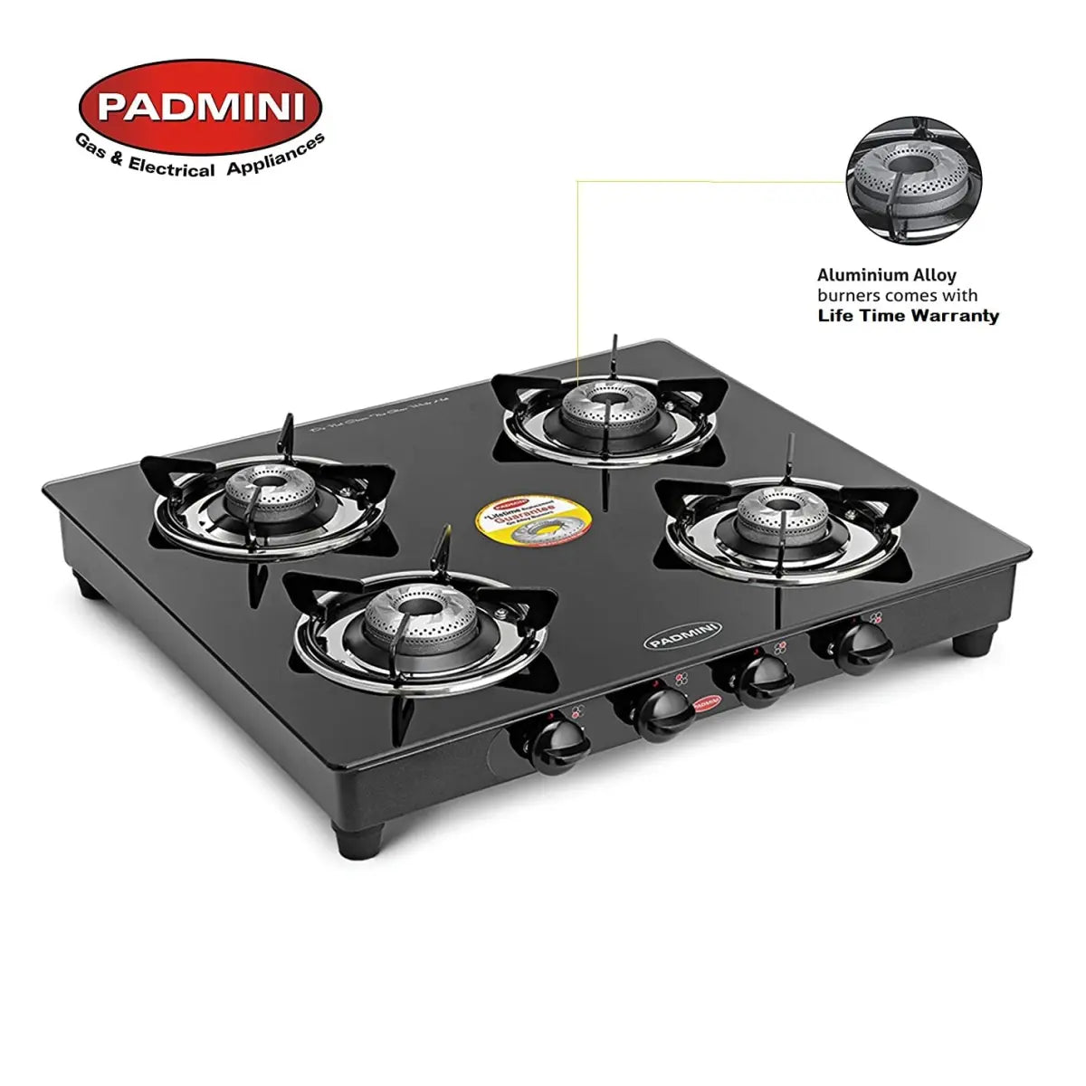 Padmini Four Burner Glass Top Gas Stove (CS-4GT Prima Auto)-Black