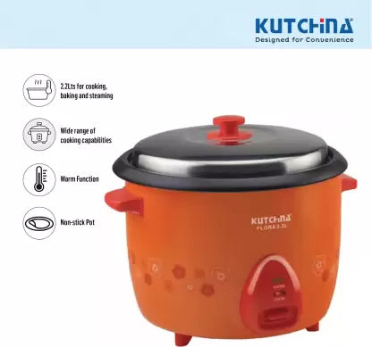 Kutchina Flora Rice Cooker 2.2L Non Stick Electric Rice Cooker with Steaming Feature Orange