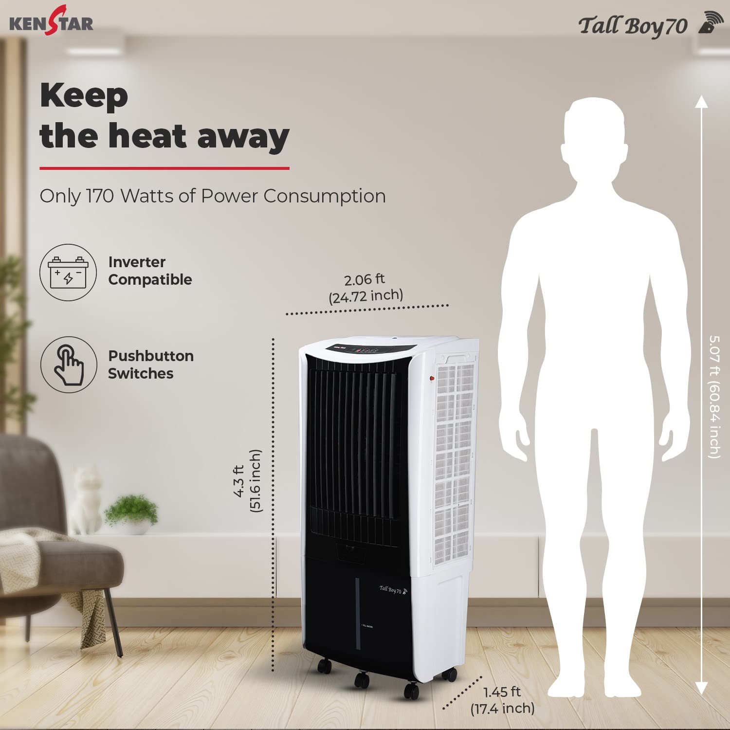 KENSTAR Tall BOY 70l Desert Cooler White & Black