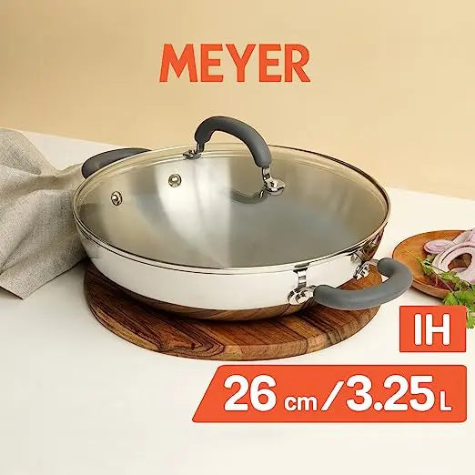 Meyer Trivantage Stainless Steel Covered Kadai with Induction Base 31136 26cm Silver