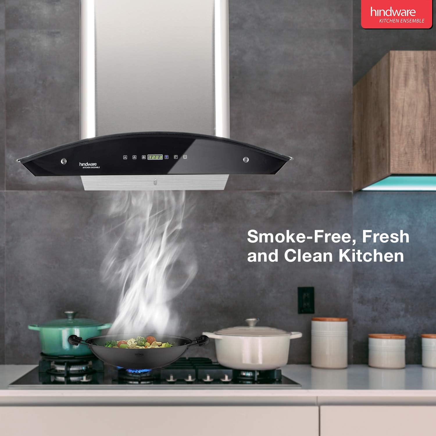 Hindware chimney Nevio 1200m3/h wall mounted auto clean with Baffle Filter - Silver, 90 cm