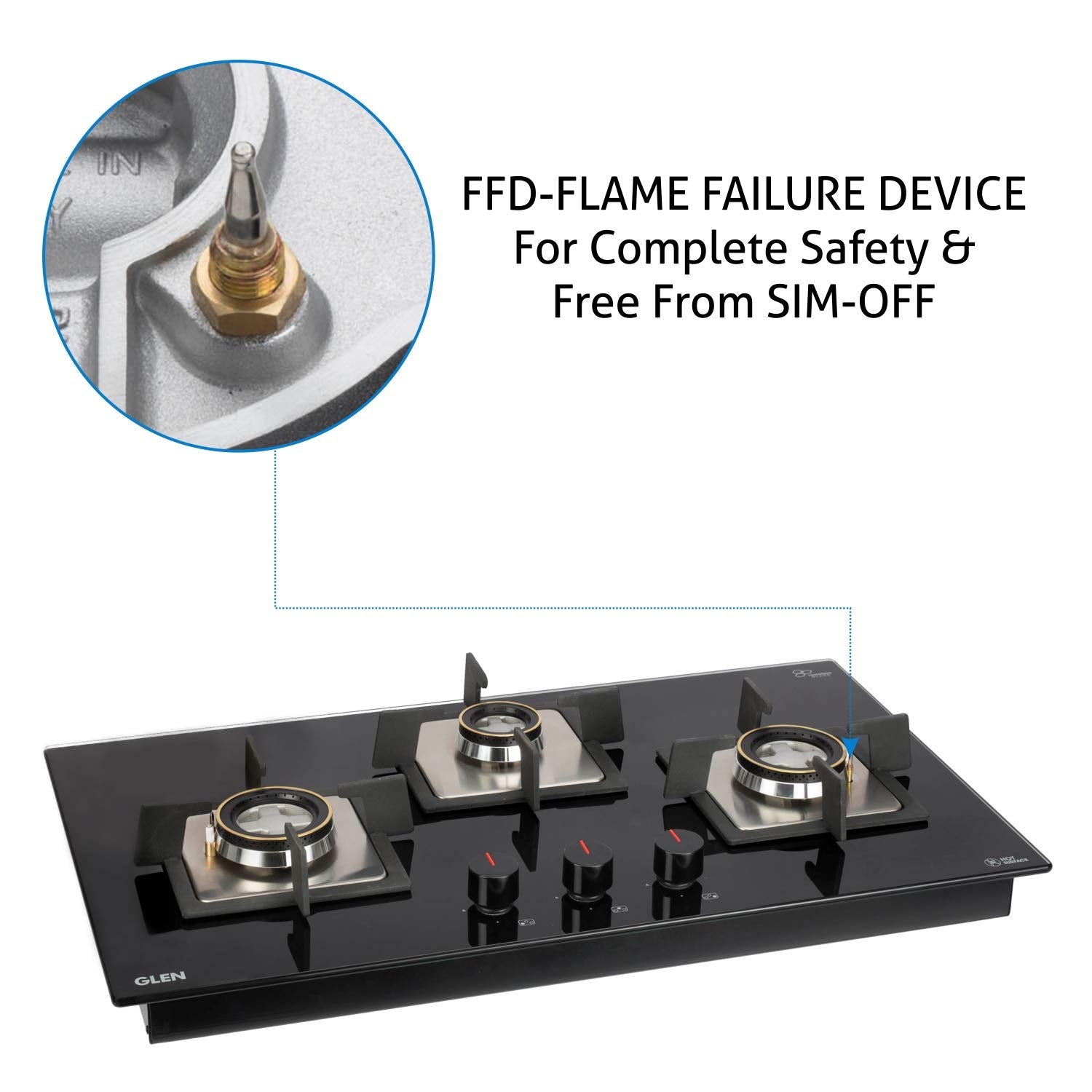 Glen 3 Burner Built-in Glass Hob 1073 SQ INBB FFD (Flame Failure Device)
