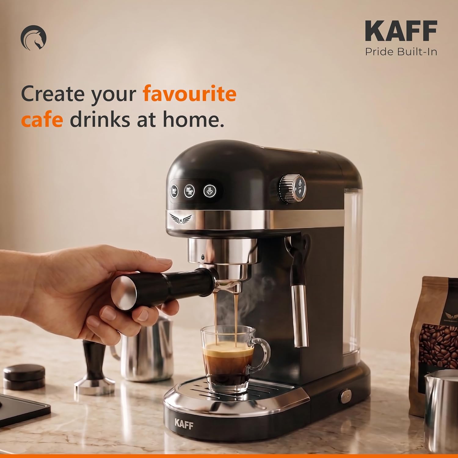 KAFF Fontana 1350 Watts Espresso Coffee Maker, 19 Bar High Pressure Pump, Steam Espresso Coffee, Detachable Frothing Nozzle Coffee Machine For Home Black