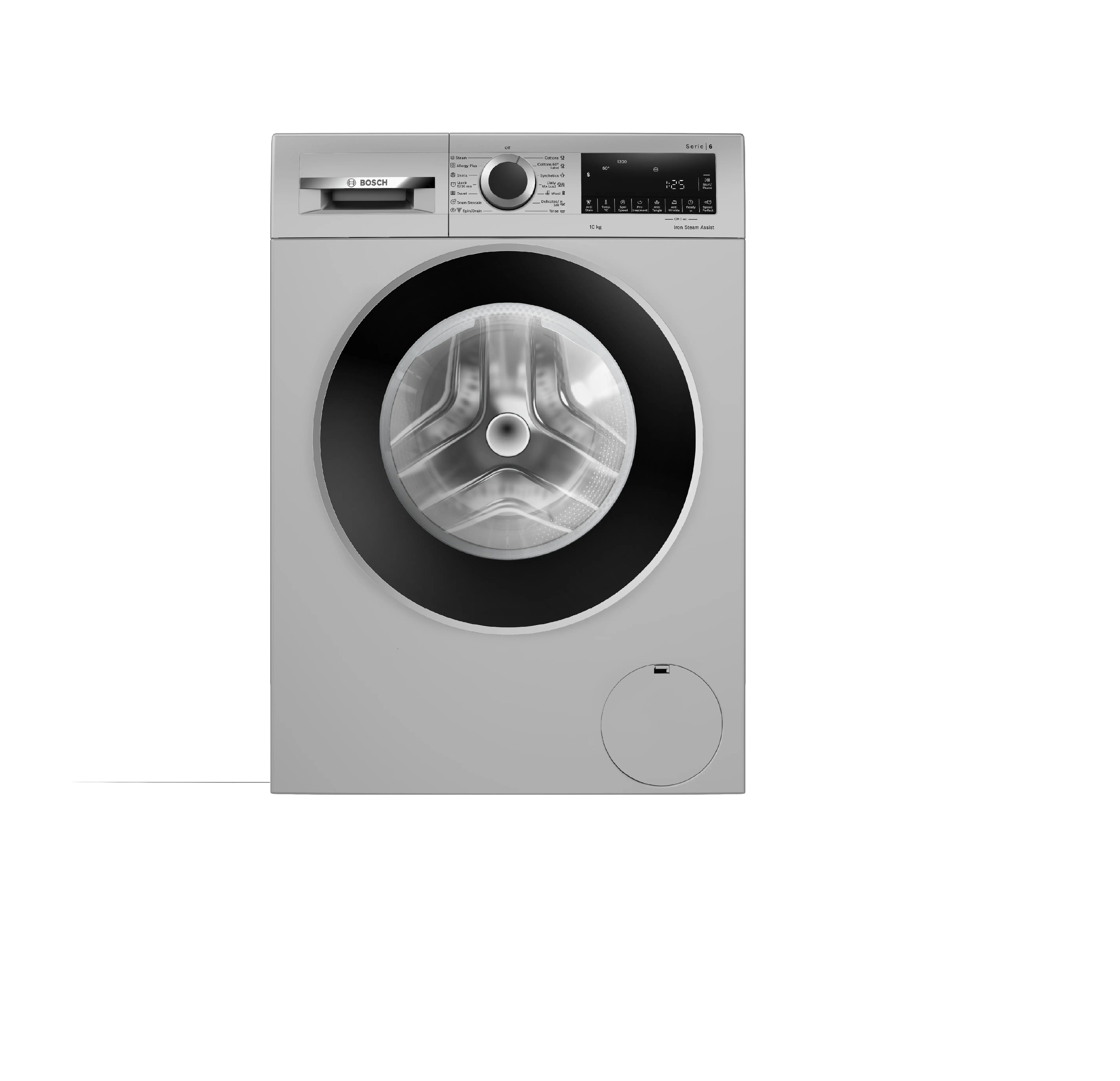 Bosch 10kg 5 Star Anti Stair &amp; AI Active Water Plus Fully Automatic Front Load Washing Machine with Built-in Heater (WGA252ZSIN, Pretreatment, Iron Steam Assist &amp; Alergy Plus, Silver)