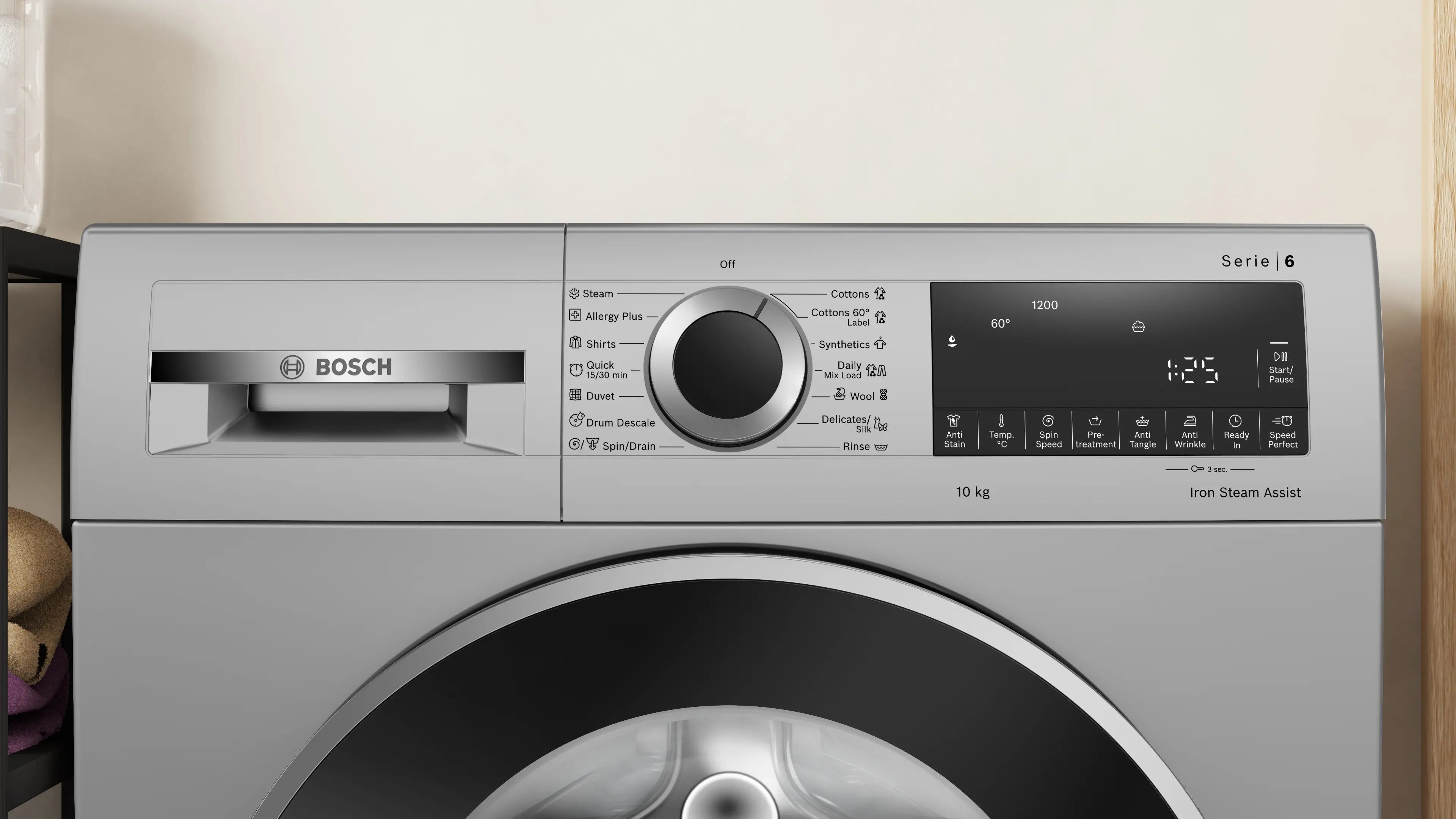 Bosch 10kg 5 Star Anti Stair &amp; AI Active Water Plus Fully Automatic Front Load Washing Machine with Built-in Heater (WGA252ZSIN, Pretreatment, Iron Steam Assist &amp; Alergy Plus, Silver)