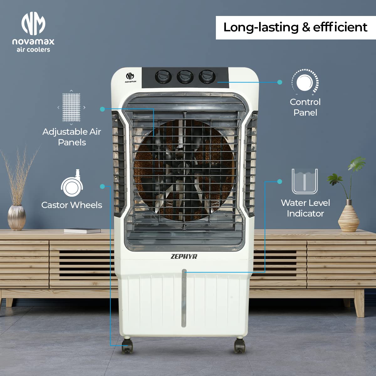 Novamax Zephyr 90 L Desert Air Cooler For Home/Office With 3-Side High Density Honeycomb Cooling Pads, Auto Swing, 4-Way Air Deflection & 3-Speed...