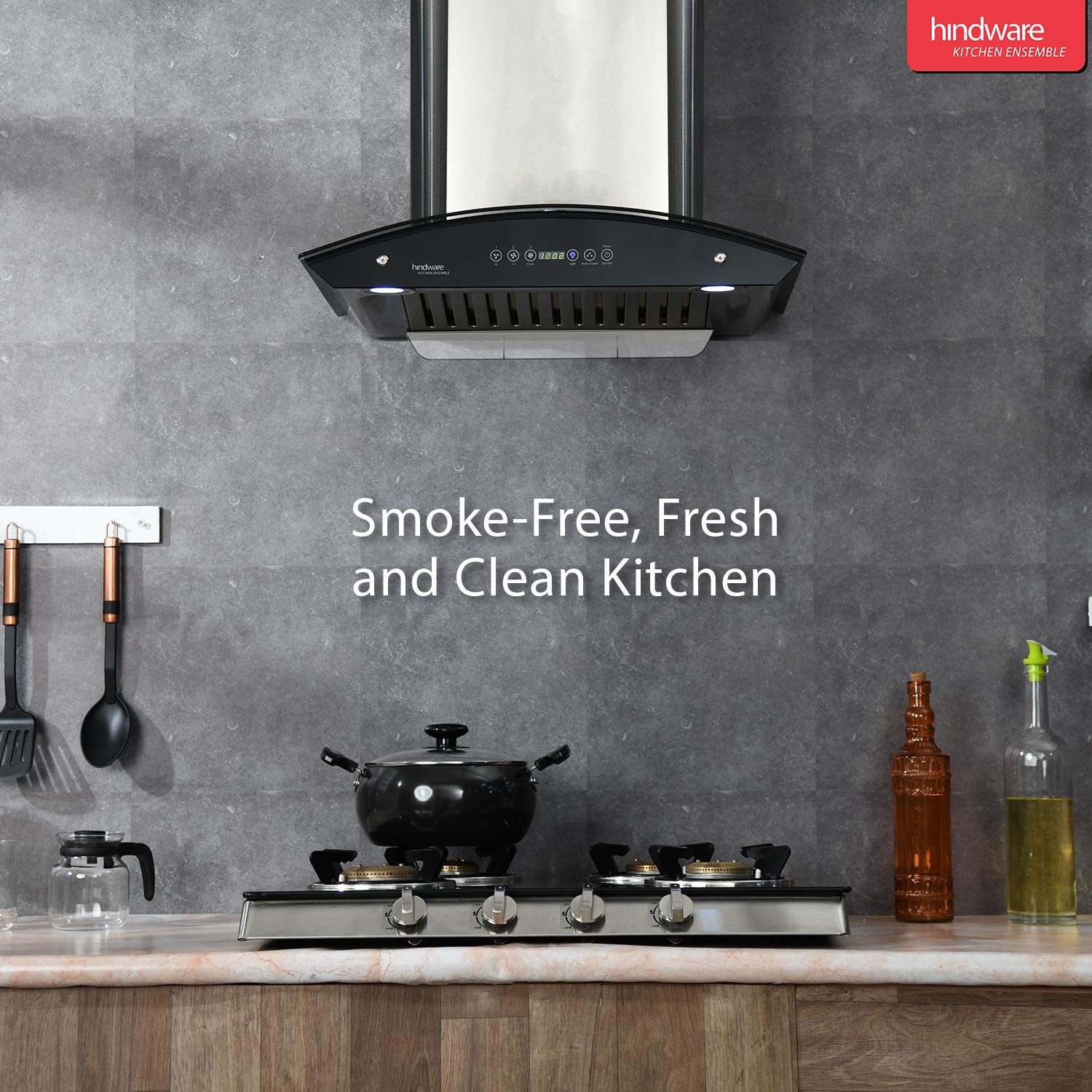 Hindware 60cm 1200 m3/hr Auto Clean Chimney (Cleo 60, 1 Baffle Filter, Steel/Grey)