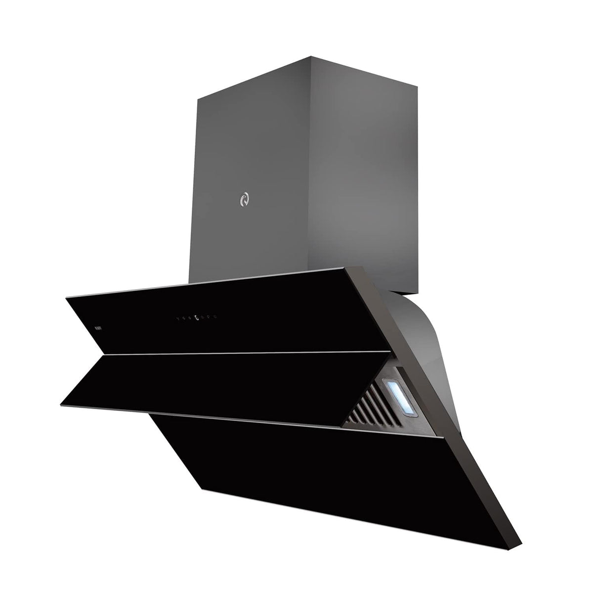 Kaff NOBELO TX DHC 90 chimney side view of angled black glass panels and LED light