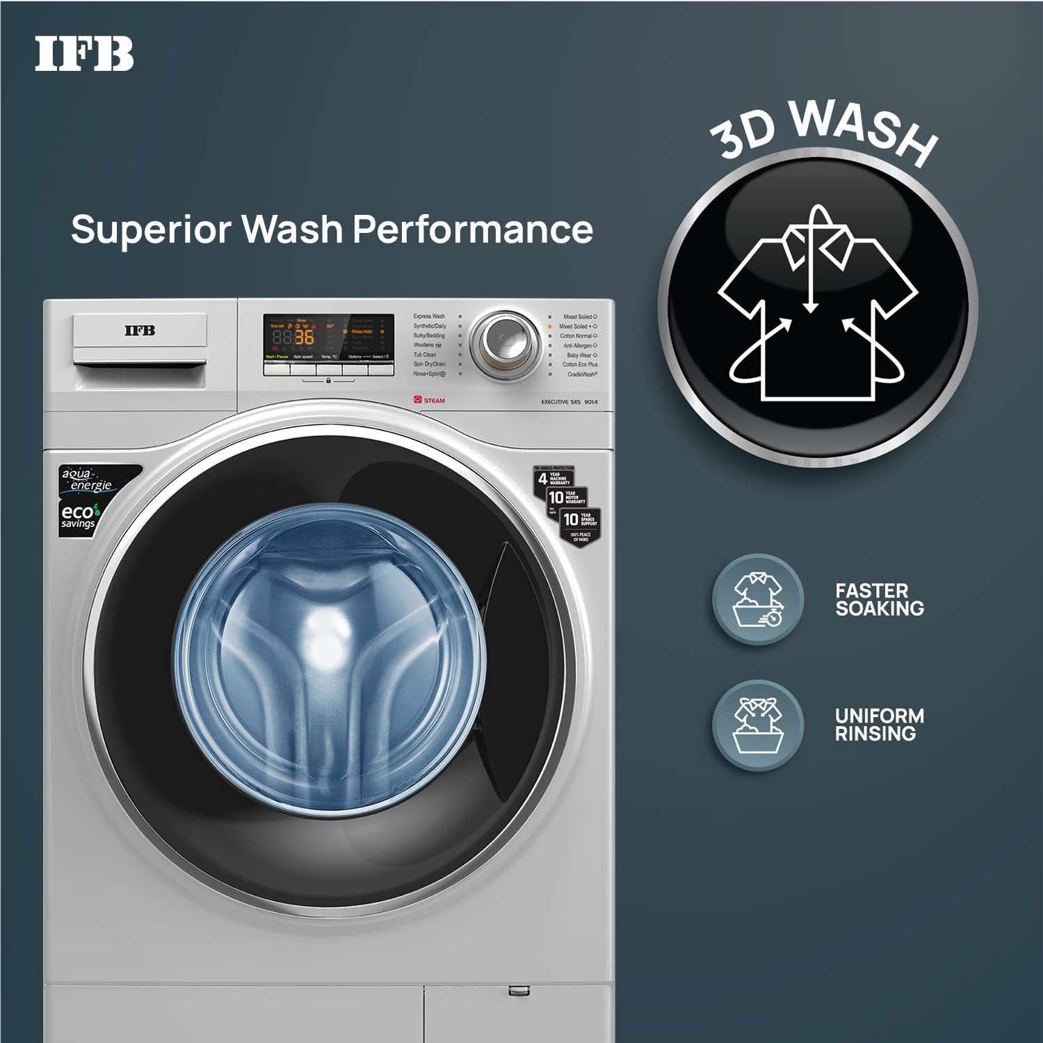 IFB 9 Kg 5 Star Front Load Washing Machine 2X Power Steam (EXECUTIVE SXS 9014, Silver, In-built Heater, 4 years Comprehensive Warranty)