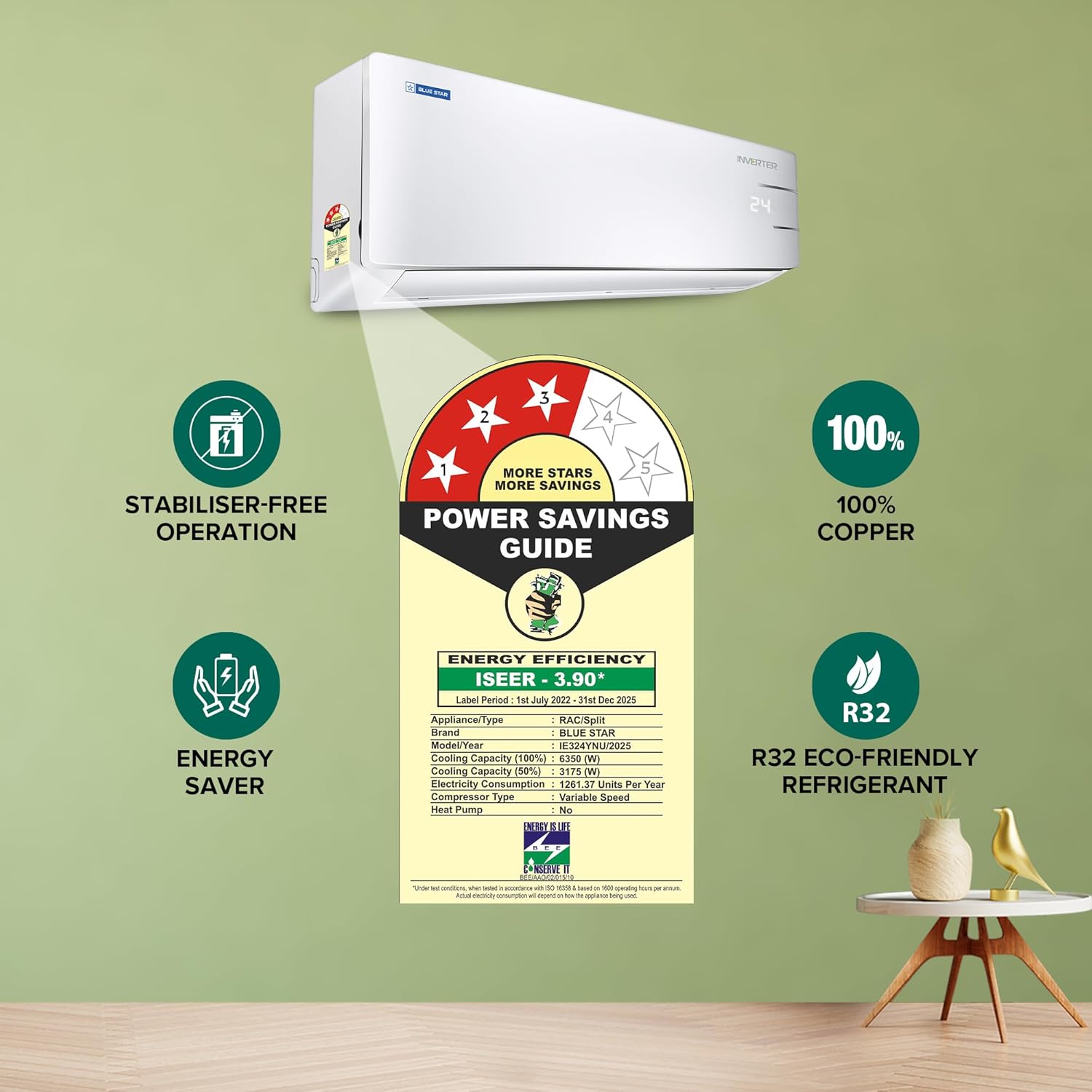 Blue Star 2T 3S Inverter Split AC - Auto Defrost, Dust Filters, Blue Fins