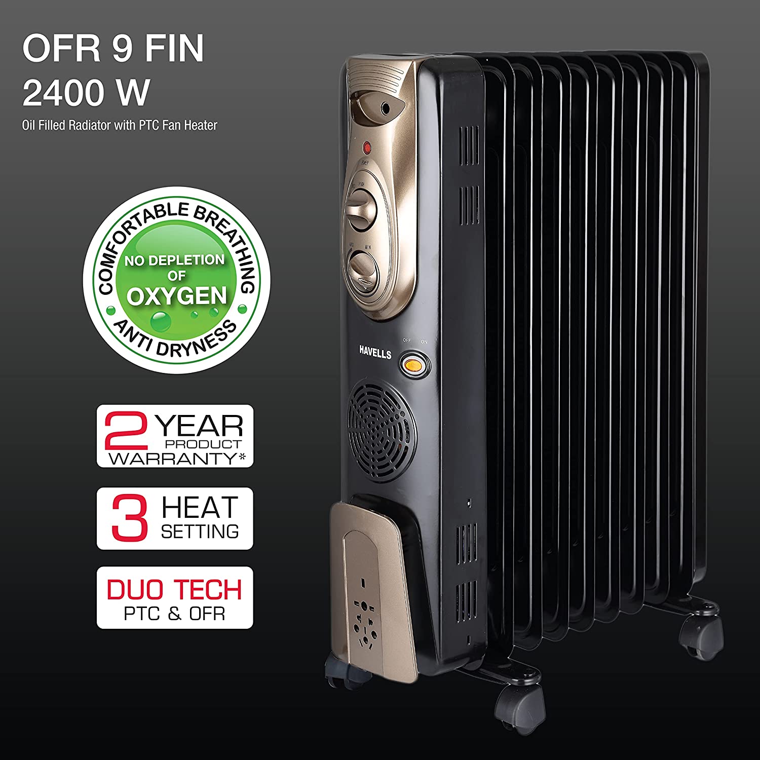 Havells OFR - 9Fin 2400-Watt PTC Room Heater with Fan (Black,Oil Filled Radiator)
