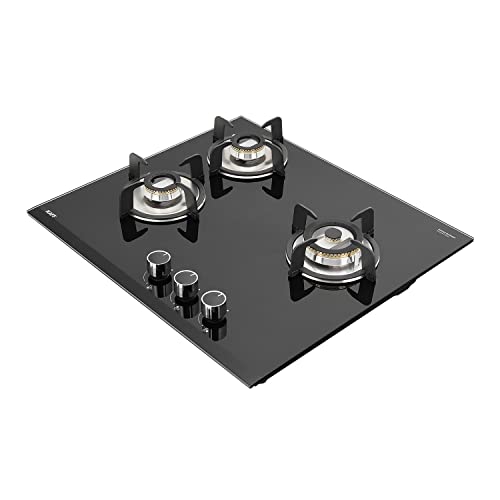 KAFF VRH 603 Built-in Hob/Hobtop 3 Burners with Auto Electric Ignition Glass Top, 60 CM, Brass Burners, Matt Enameled Pan Support, 8 MM Thick Toughened Glass (Black)