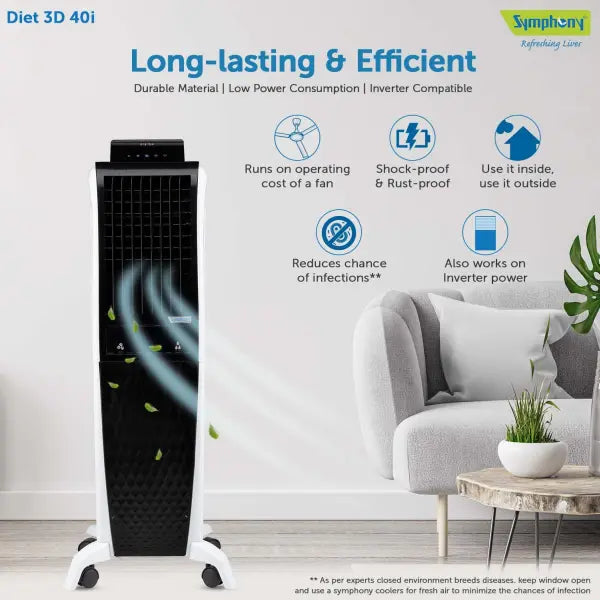 Symphony Diet 3D 40i Tower Air Cooler 40-litres with Magnetic Remote (Black & White)