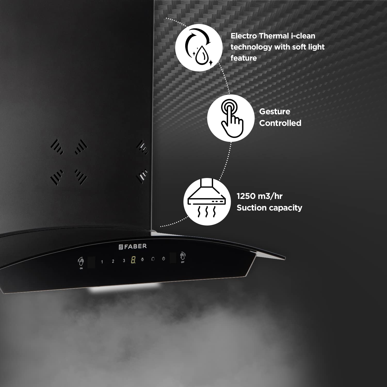 Faber60cm 6 way Silent Suction,1250m3/hr, Autoclean Chimney, 12Yr Warranty on Motor (HOOD EVEREST 3D IN HC SC FL LG 60||Filterless||Touch&Gesture Control||Light Grey)