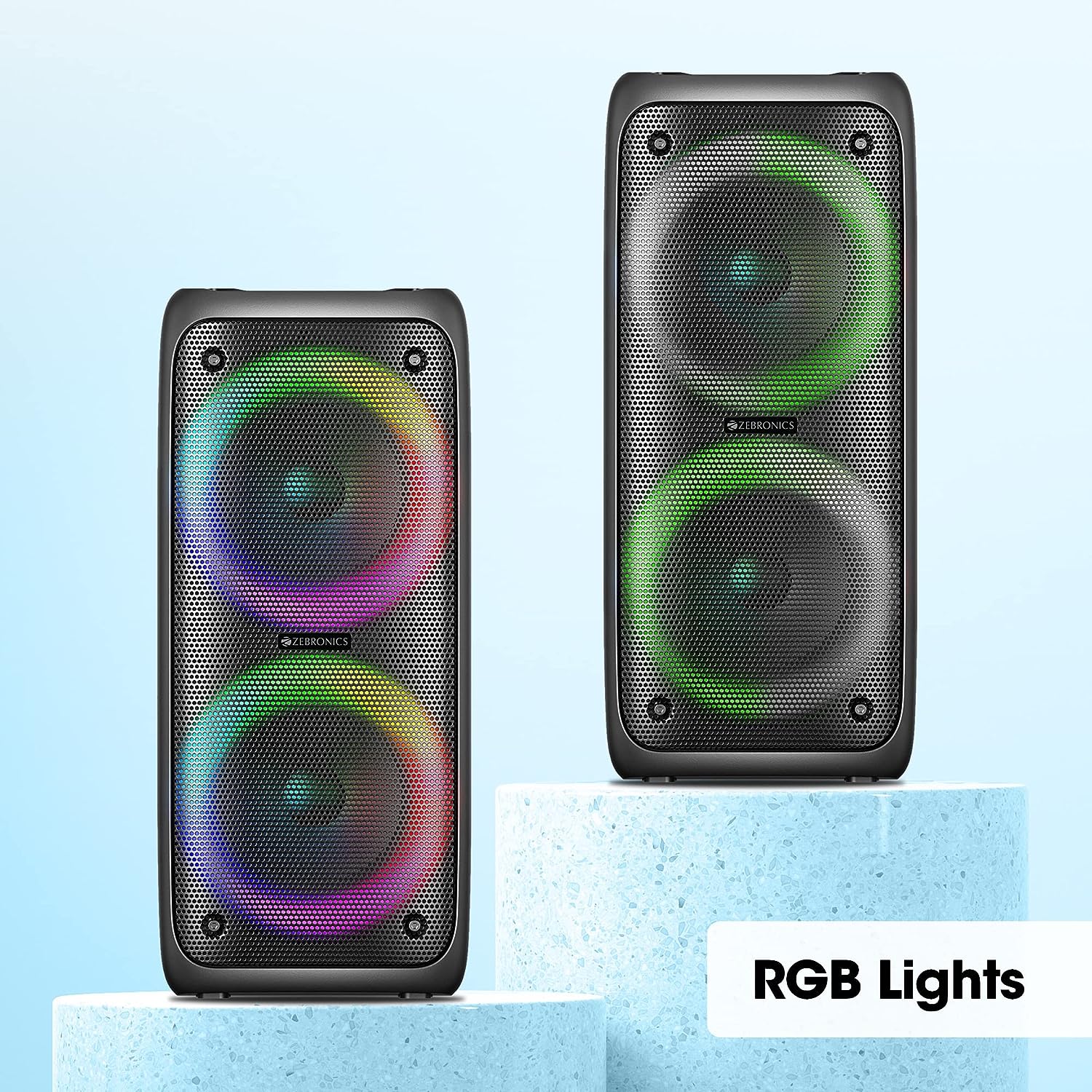 ZEBRONICS Barrel 200 Bluetooth 5.0 Portable Speaker with 40W RMS, TWS, Wired Mic, Karaoke, RGB Lights, Mobile Holder, Dual 6.5" Drivers, Carry Handle and Built-in Rechargeable Battery