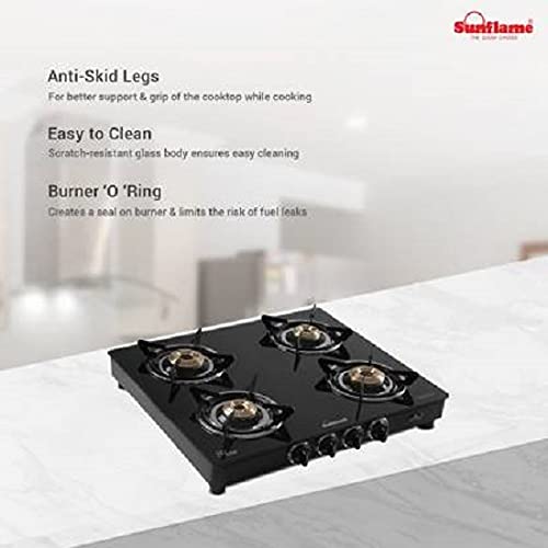 Sunflame (Classic Bk) Glass Top 4 Brass Burner Gas Stove, Open