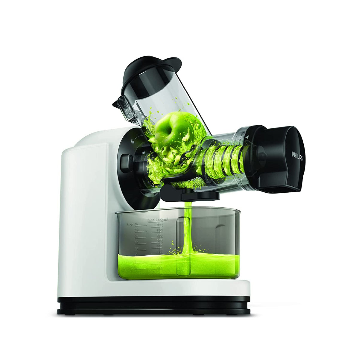 Philips HR1887/81 masticating juicer in white pressing a green apple, with juice flowing into the 1000 ml jug