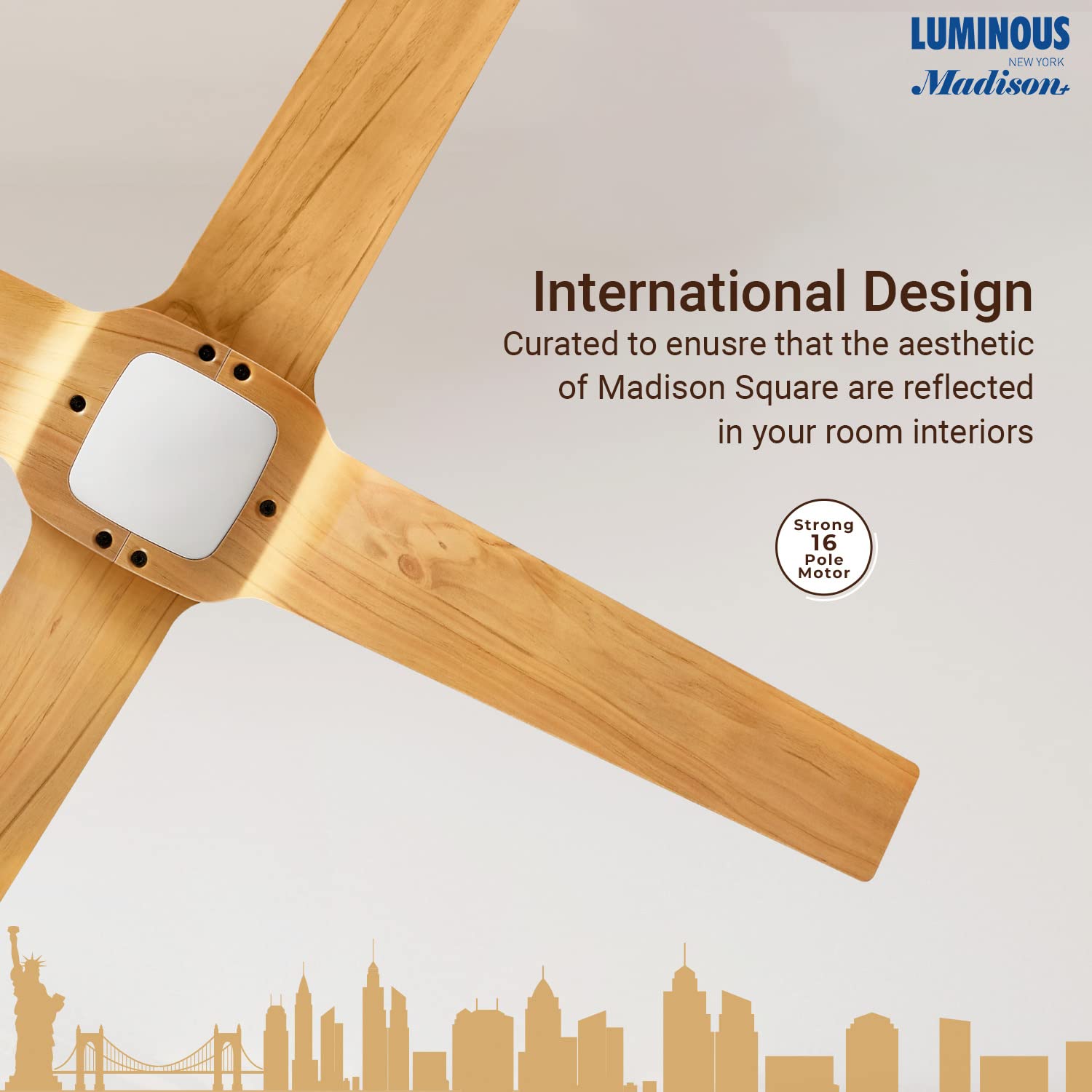 Luminous New York Madison Designer Ceiling Fan for Home and Office (Pine Wood, Brown, 1300mm)